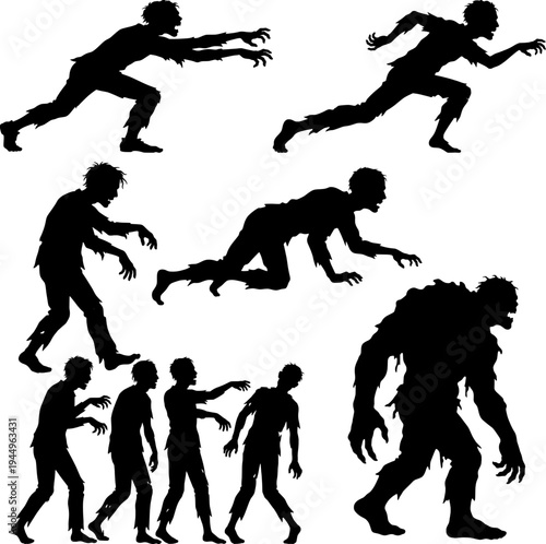 Scary Zombie Horde and Monster Silhouettes Vector Set