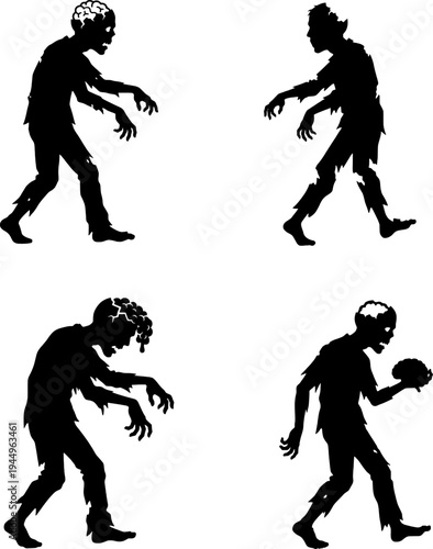 Zombie Silhouette Set with Exposed Brain Details