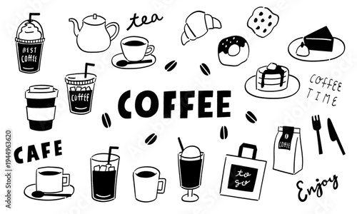 手描き線画のコーヒー＆スイーツイラストセット　カフェ・喫茶店・アイコン