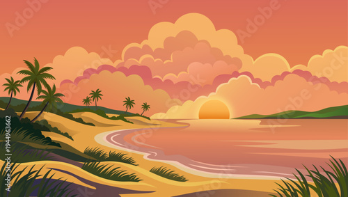 Tropical beach sunset landscape with palm trees and orange sky. Beautiful evening sea horizon with golden sun and clouds. Summer vacation and travel background.
