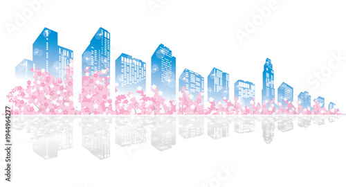 桜が咲く春の街並みイラスト. 