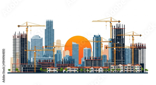 Modern Cityscape Under Construction with Cranes and Sun.