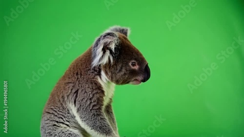 Cute koala bear with fluffy ears on green screen background