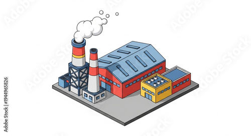 Industrial factory building with smoking chimneys and storage units.