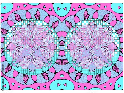Digital print pattern design bohemian tropical pink blue art