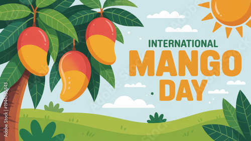 International mango day illustration with mangoes on tree and sunny landscape