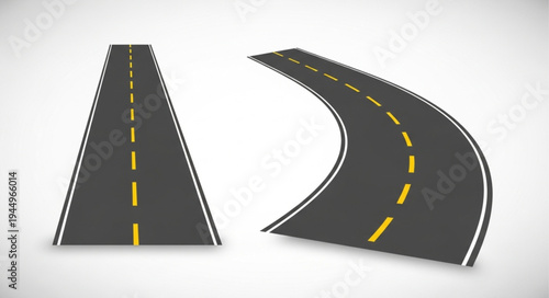 Straight and Curved Asphalt Road with Yellow Lane Markings.