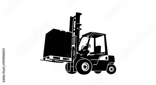 Forklift truck lifting heavy cargo in warehouse industrial setting.