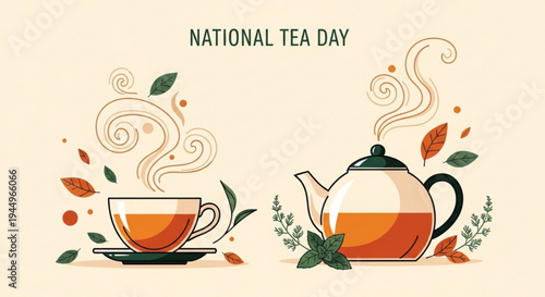 National tea day illustration with steaming teacup and teapot surrounded by leaves and steam swirls on beige background