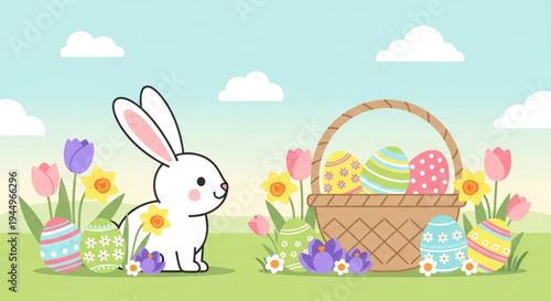 Easter bunny with colorful eggs in basket and flowers in springtime