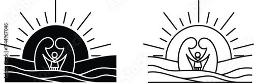 Heart shaped sun rising over water Vector