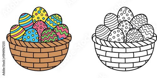 Easter basket with colorful decorated eggs and black and white line art coloring page for kids. Vector illustration set with various patterns.