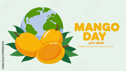 Mango day celebration with globe and fresh mangoes on green leaves background