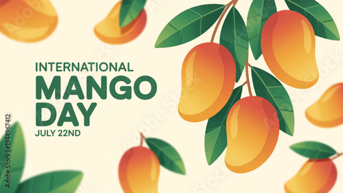 Vibrant mangoes and leaves on cream background celebrate international mango day on july 22nd with lush green text