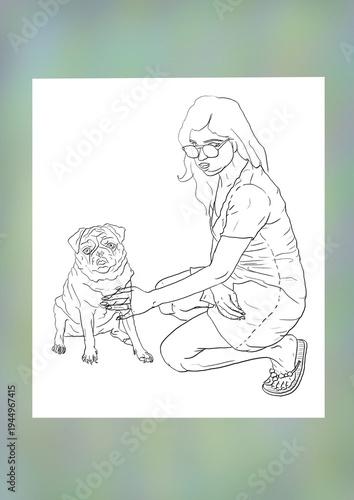 A girl with pet pug dog illustration