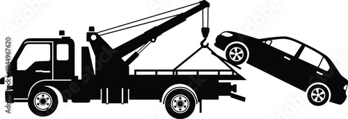 Tow, truck, lifting, broken, car, silhouette, vector, illustration, isolated, on, white, background, roadside, assistance, service, automotive, recovery, transportation, vehicle, icon