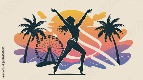 Woman dancing with joy on a beach at sunset with palm trees and a ferris wheel in the background