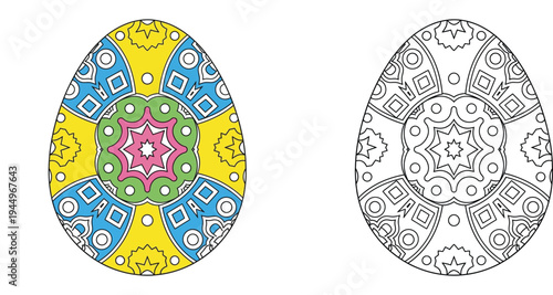 Ornate Easter egg with mandala patterns, colored and black and white line art coloring page for adults and kids. Vector illustration with decorative geometric symbols.