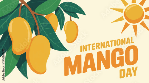 Vibrant mangoes on a tree branch with green leaves celebrating international mango day on a sunny yellow background