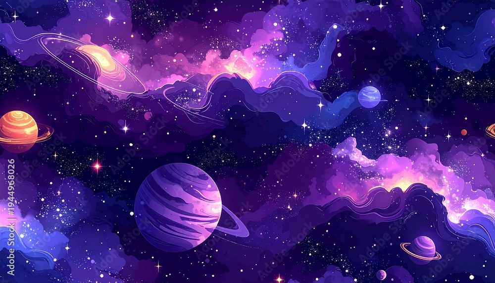 Naklejka premium Vibrant cosmic seamless pattern background with dreamy planets and sparkling stars, an ultra-detailed galaxy illustration