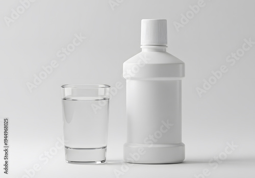 Mouthwash bottle and water glass