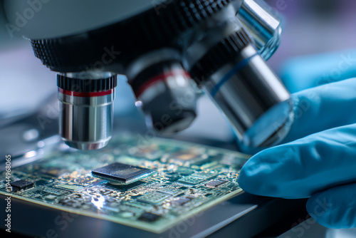 A researcher examines a microchip under a microscope while wearing blue gloves.