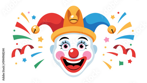 Colorful clown face with jester hat and festive confetti expressing joy and celebration on white background