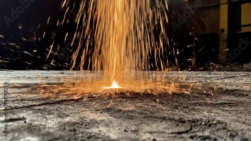 A close-up view of molten metal being poured onto a rough surface