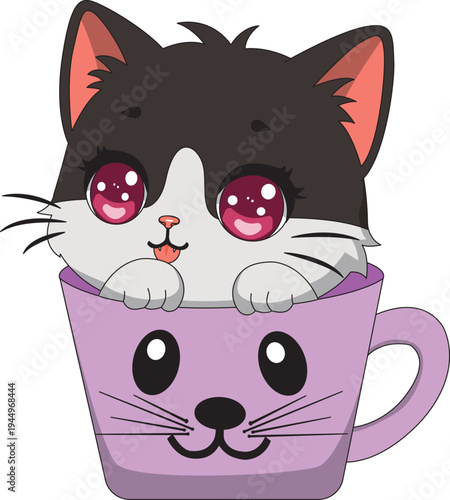 Kawaii Cat Peeking From The Cup Kitten Toddle Cartoon Vector