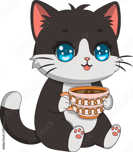 Cartoon Cat Holding Coffee Mug Kitten Cafe Mascot Animal Vector