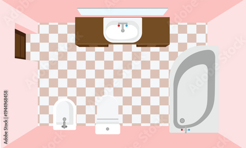 Top View Toilet Interior Design Washroom Mirror Bath Sink 4 Wall Above Vector