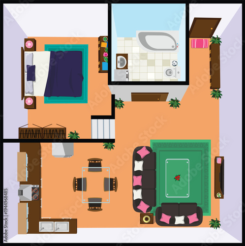 One Bedroom Apartment Top View Floor Map Toilet Kitchen Living Room Interior Design Vector