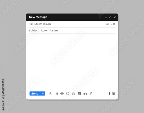 Email composition window with tools for writing new messages, professional digital correspondence interface for desktop applications, and minimalist email software user experience design