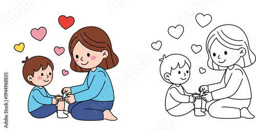 Mother putting a bandage on her child's knee, full color and black and white line art coloring page for kids. Vector illustration of family care and love.
