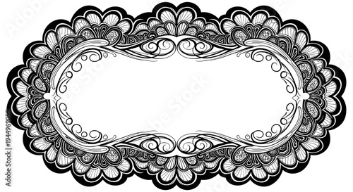 Intricate mehndi style blank frame with elaborate mandala patterns on isolated white background