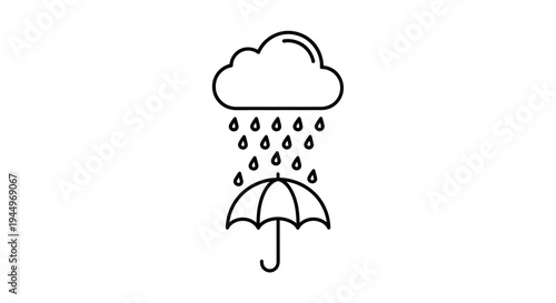 Outline icon of a rain cloud with falling raindrops and an open umbrella on isolated white background
