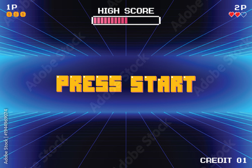 PRESS START. INSERT COIN TO CONTINUE. pixel art 8 bit. Retro Futurism Sci-Fi Background. glowing neon grid. and stars from vintage arcade computer games