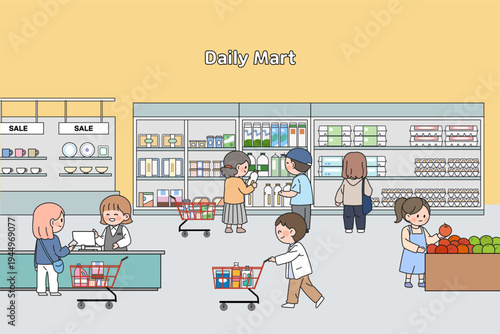마트에서 장을 보는 사람들 일러스트