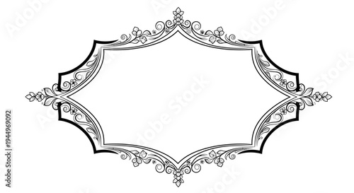 Horizontal elaborate ornate blank frame with intricate scrollwork border on isolated white background
