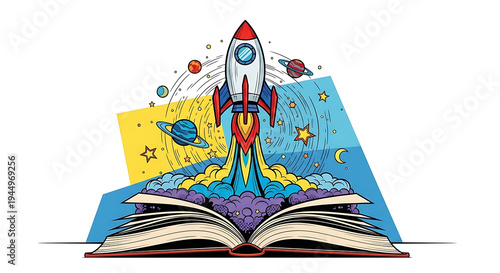 Rocket launching from an open book into space