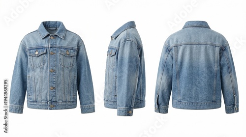Stylish denim jacket displayed in multiple views against a white background.