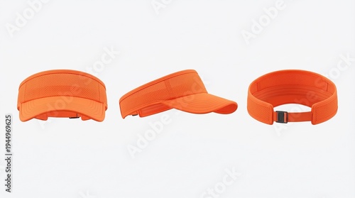 Orange visor hat isolated on white background, various perspectives.