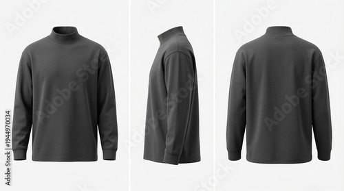 Three views of a gray turtleneck shirt isolated on white background.