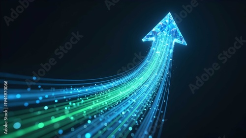 Digital business growth arrow with blue glowing light fiber optics representing financial success and market progress