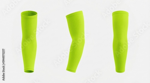 Three neon green arm sleeves isolated on a white background, different angles.
