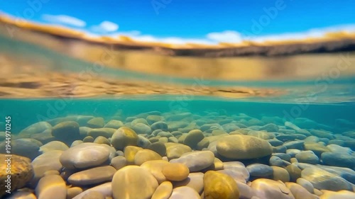 Serene underwater scene with clear water and smooth pebbles