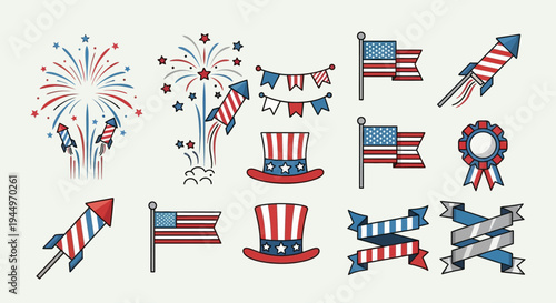 American Independence Day celebration icons including fireworks, flags, and patriotic symbols