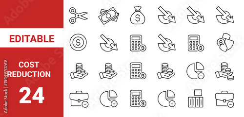 Cost Reduction icon set.Inflation collections editable stroke outline web icons set. Inflation rate, price increase, investment, energy, cost surge, 