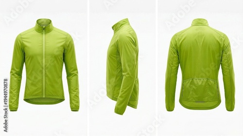 Green cycling jacket displayed from multiple angles on white background.