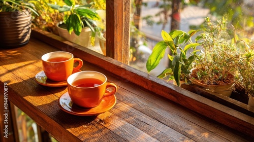 Two orange tea cups on a wooden window sill with plants and sunlight